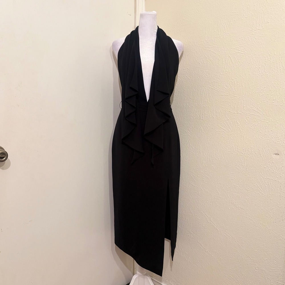 MISHA Deep V Plunging Neckline Backless Black Ruffle Halter Midi Dress Sz 4